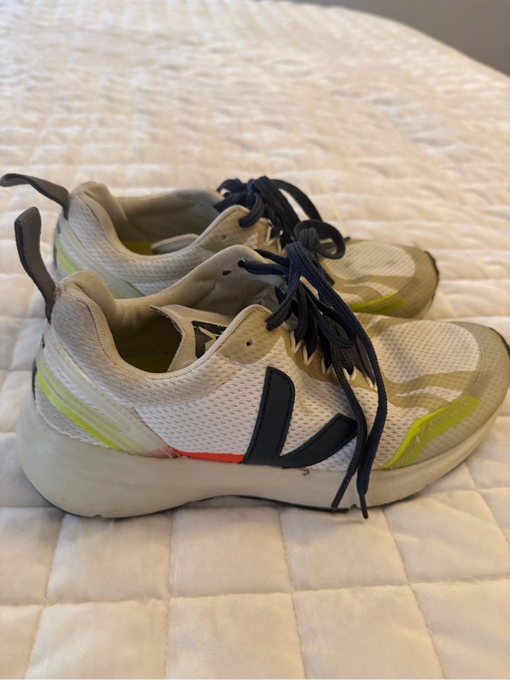Veja size 6.5 White Sneakers with Navy V Logo and Lime Accents